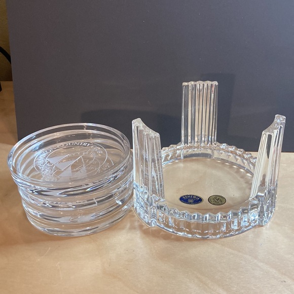 VTG Bohemia Czech Republic WestHampton LI1890 crystal coaster set of 4 w/stand
